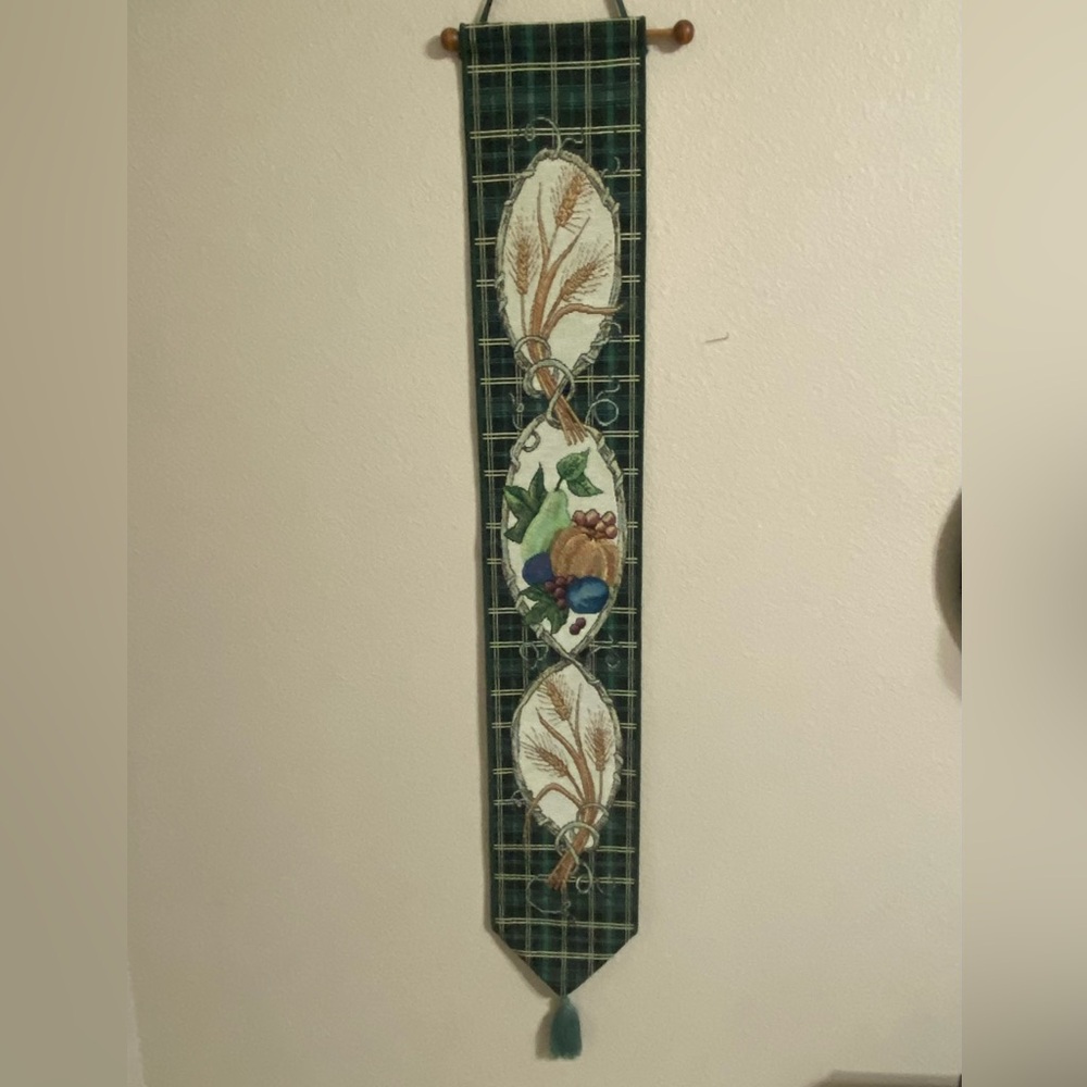 Pheasants Feast Tapestry Bell Pull Wall Hanging 39"  Harvest Wheat Plaid Tassel